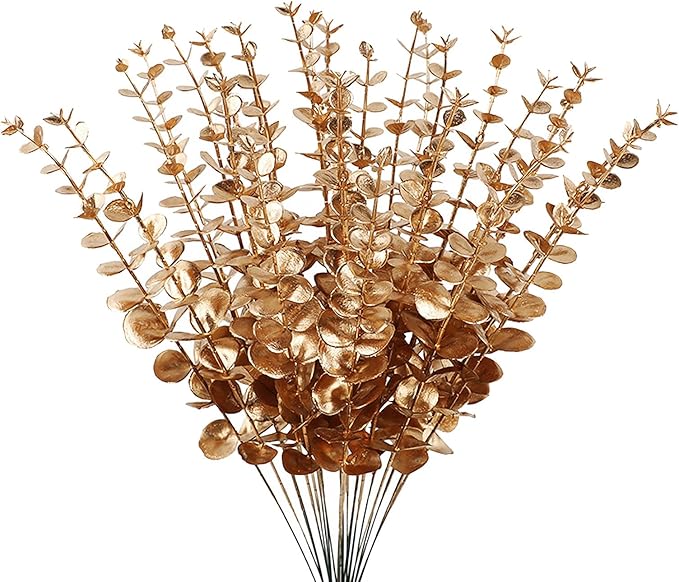 ABAJI Plastic Eucalyptus Golden Stems 12 Fake Faux Decorations Artificial Leaves Greenery Plant Leaf Home Office House Tab...