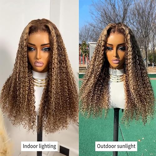200 Density 13x6 Deep Wave HD Transparent Honey Blonde Ombre Lace Front Wigs 100% Human Hair Pre Plucked 4/27 Highlight Jerry Curly Wet And Wavy Human Hair Wigs For Black Women With Baby Hair 26 inch