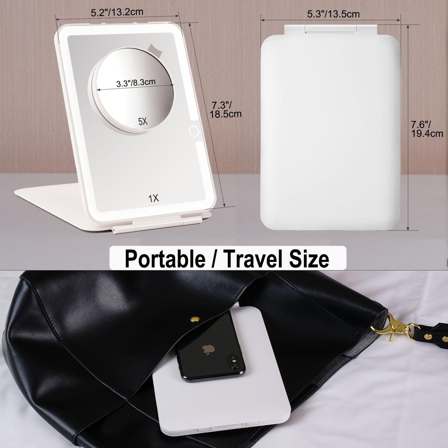 Dear girl Travel Makeup Mirror with Lights, Rechargeable Portable Lighted Mirror, 3 Color Light Dimmable Touch Screen, 1X Light