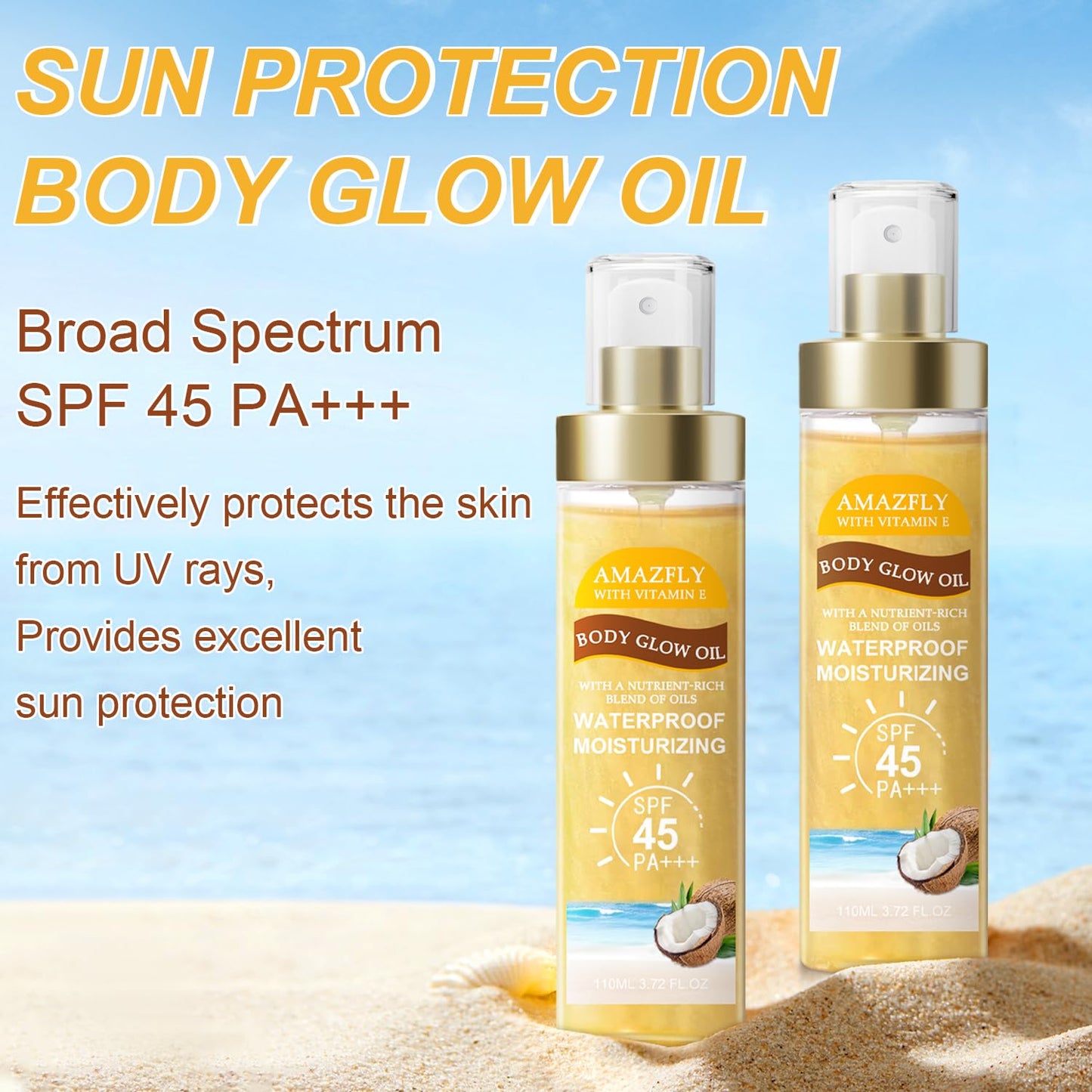Body Glow Oil, SPF 45 PA+++, Sunscreen Body Oil with Rose Gold Mica, Moisturizing Coconut with Vitamin E, Glow Moisturizer, Ligh