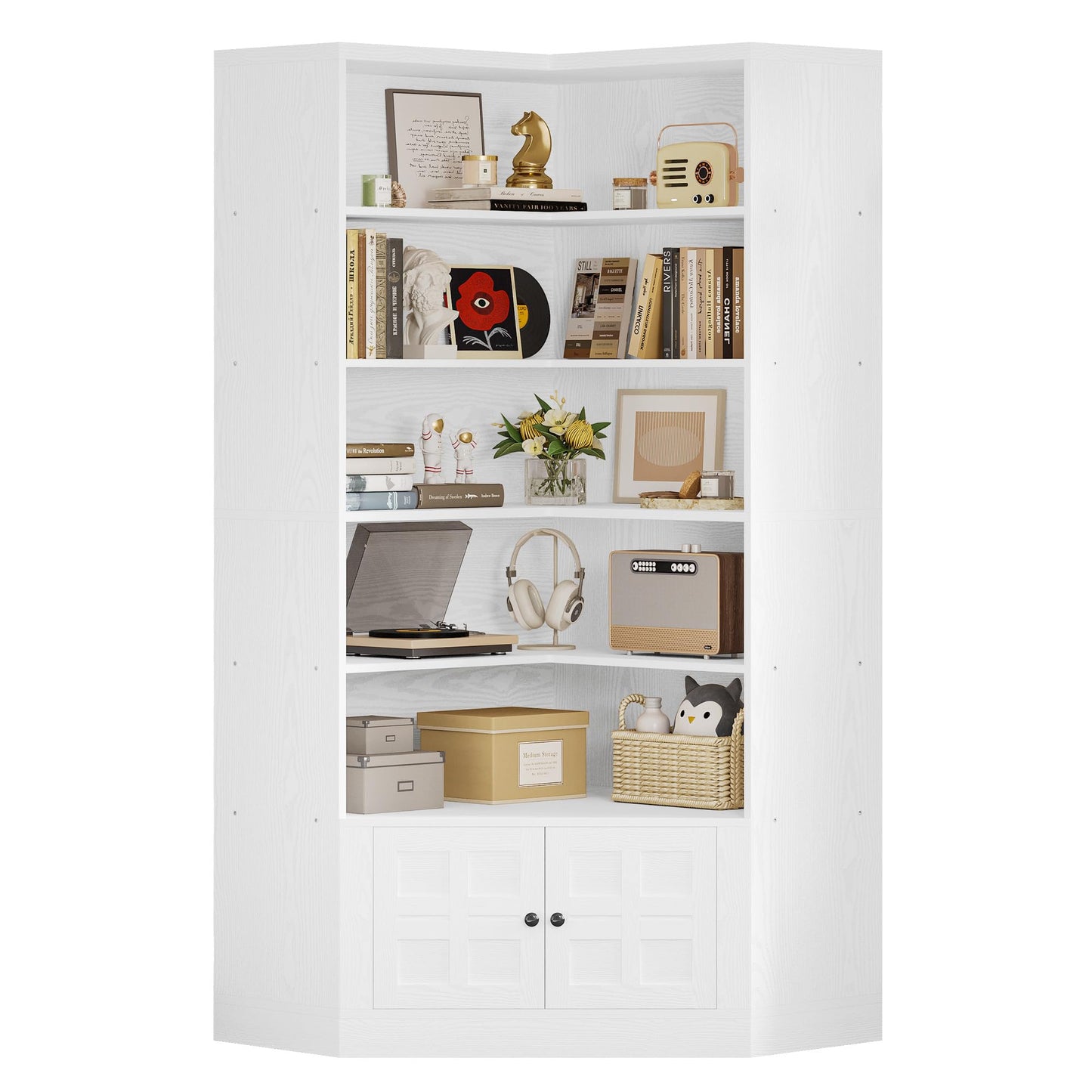 IRONCK 81" Corner Bookshelf with Door, 6 Tiers Large Bookshelves with Storage Rack, Tall Bookcase for Living Room Home Office, White