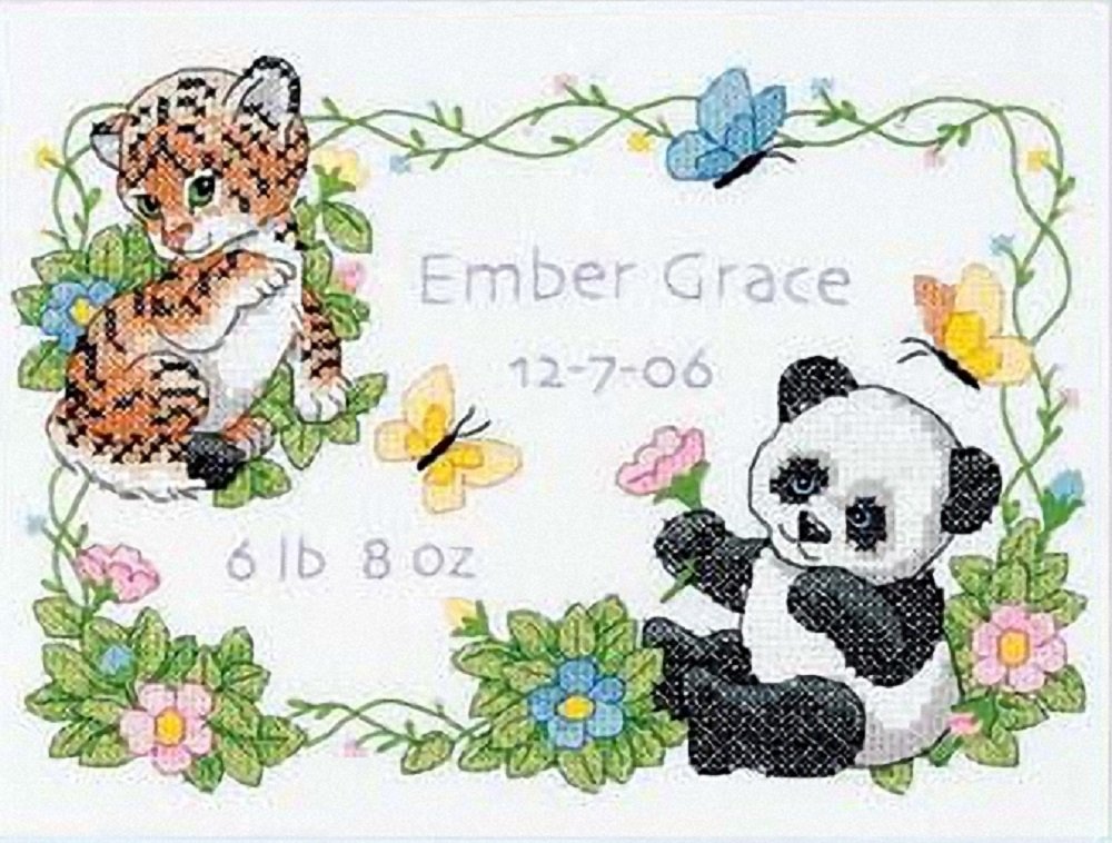 Dimensions Stamped Cross Stitch Kit Baby Animals Birth Record Personalized Baby Gift, 12" x 9", White