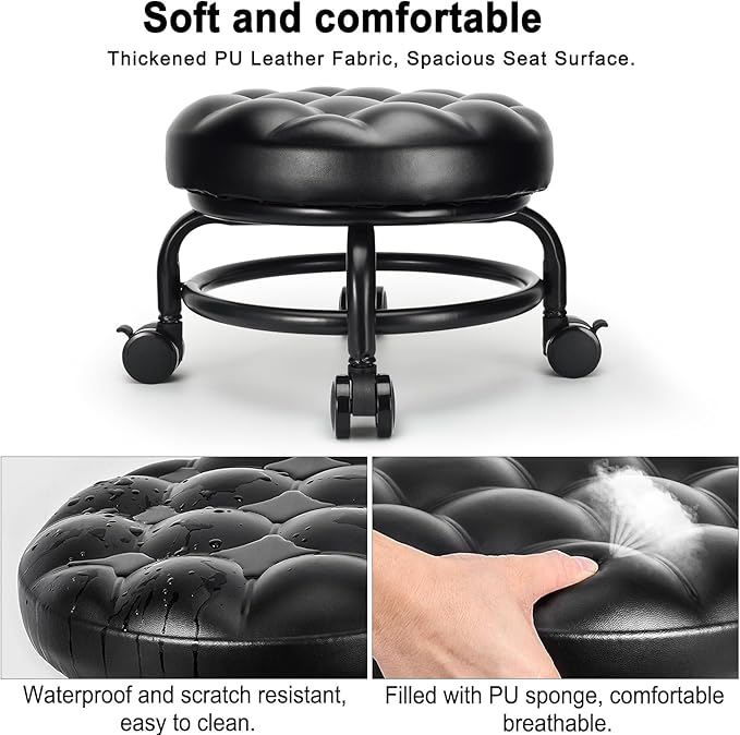 LWADALN Low Height Rolling Stool Roller Stool PU Leather Comfortable Seat 360°Swivel Rotating, Modern Rolling Chair for Home Office Garage Shop