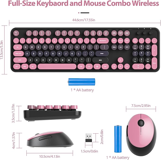 Wireless Keyboard and Mouse Set, Retro Typewriter, 2.4GHz Full Size 104-Key Cute Keyboard with Number Pad, Colorful with Round Keycaps for Windows PC Laptop(Berry Powder)