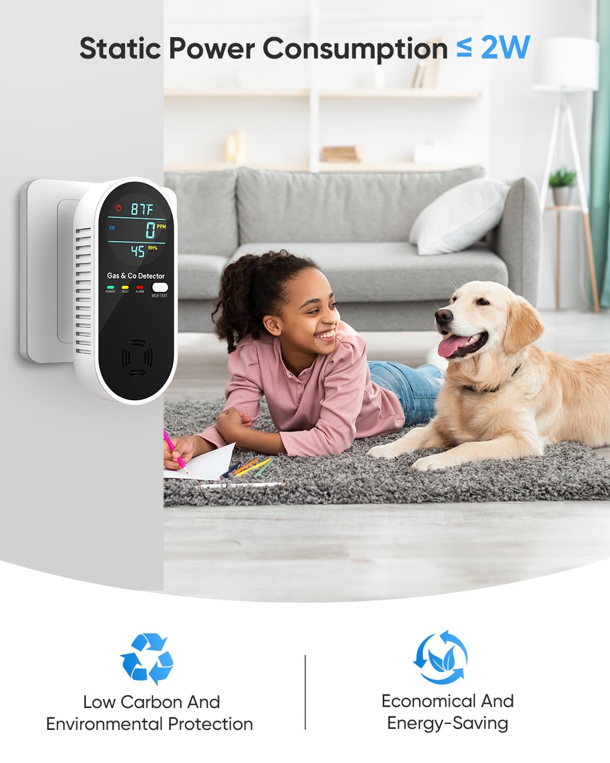 Carbon Monoxide Detectors and Natural Gas Detector, 4-in-1 Carbon Monoxide Detectors Plug in, Gas Leak Detector with Dual Alarms, Temperature & Humidity Sensor for Home, RV, Black, 2 Packs
