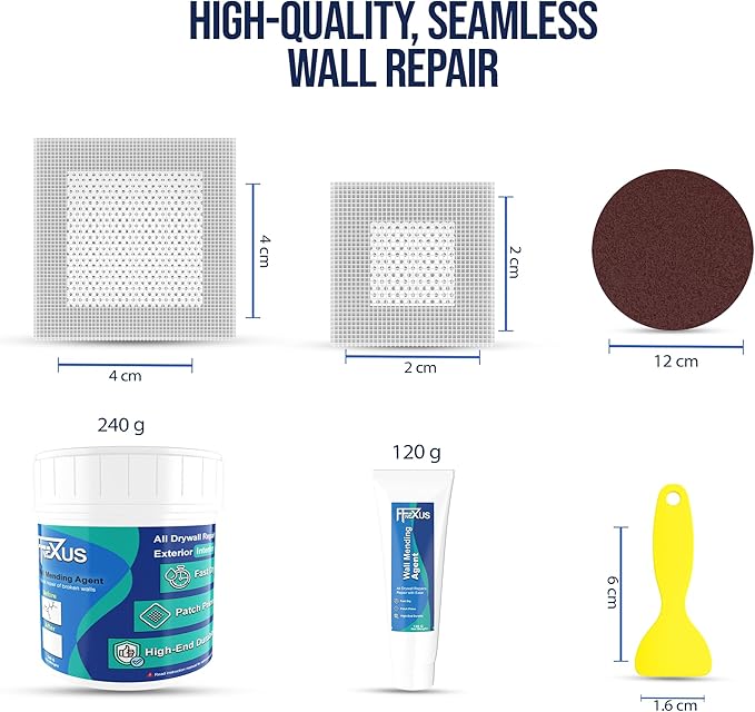 Drywall Repair Kit – 120g Tube + 240g Putty Jar with 2 × 2″ & 4 × 4″ Wall Patch Mesh, Dual Scrapers & 2 × P180 Sandpapers | Fast-Dry Spackle & Sheetrock Crack Filler for Wall, Ceiling, Plaster Repair