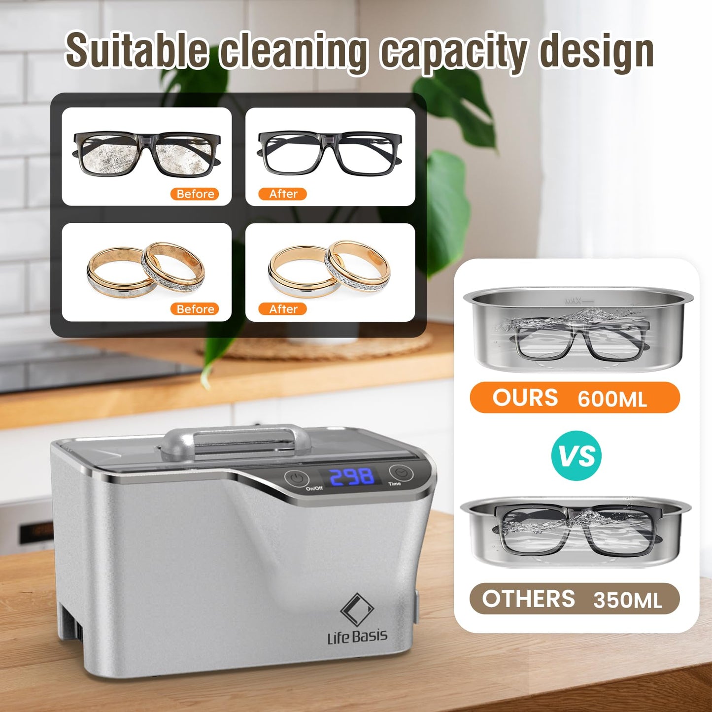 LifeBasis Ultrasonic Cleaner, Professional 45kHz Ultrasonic Jewelry Cleaner 20 Ounces (600ML) with Digital Timer, Watch Holder Ultrasonic Glasses Cleaner for Rings, Coins, Watches, Dentures, Silver
