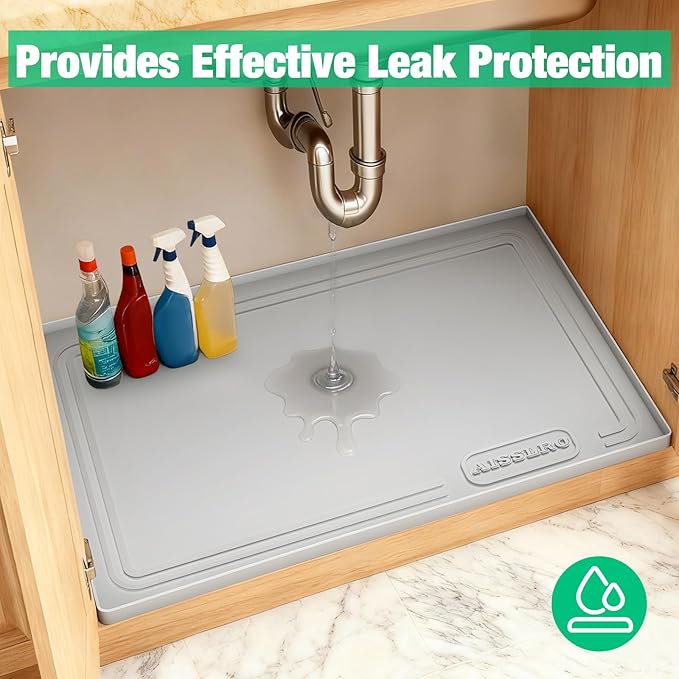 Under Sink Mat 22" X 19", Waterproof Silicone Under Sink Mats for Kitchen, Anti-Leak Shelf Liner & Cabinet Protector with Raised Edge, [BPA Free] Bathroom Tray Home Organizer, Light Grey