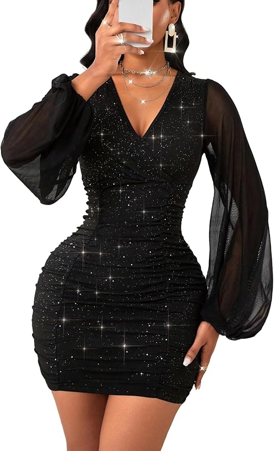 GothDark Womens Sexy Sequin Dress Mesh Mini Bodycon Sparkly V Neck Puff Sleeve Gothic Cocktail Party Club Ruched Outfits