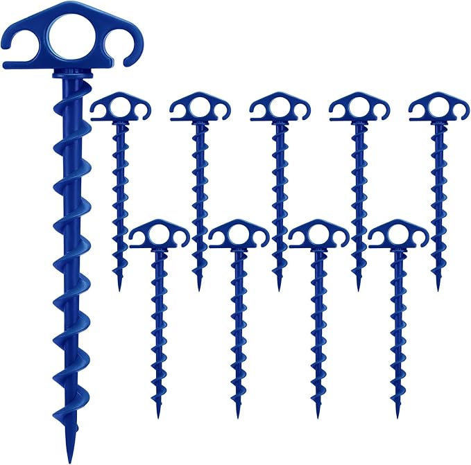 COBARYEN Tent Stakes Ground Anchors Screw in, 10 Pack Sand Stakes for Beach 9.4 Inch Heavy Duty Spiral Tent Pegs for Camping, Party, Hiking, Outdoor Decoration (10, Blue)