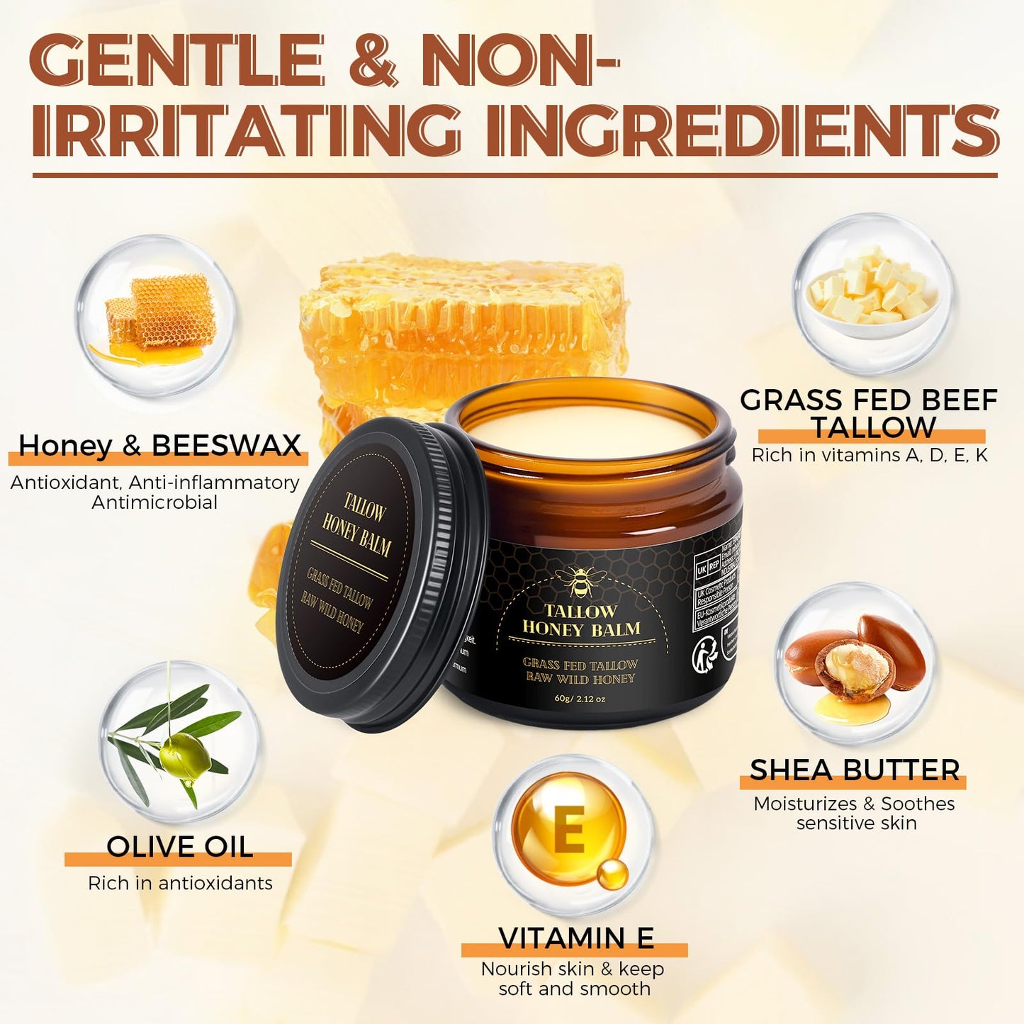 Beef Tallow for Skin, Tallow and Honey Balm for Face, Organic Grass-fed Beef Tallow Face Moisturizer for Deep Nourish and Soothe