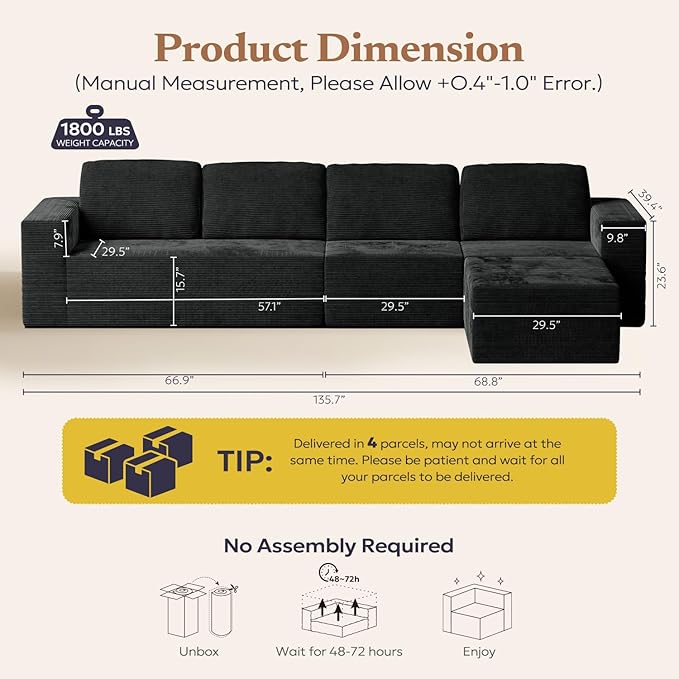 Furnify 136" Cloud Sectional Couch, Left/Right Facing Convertible Sofa with Deep Seat, L-Shape Modular Upholstered Foam Couch for Living Room Bedroom, No Assembly Required (Corduroy Fabric, Black)
