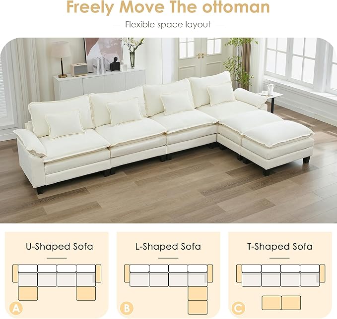 URRED Cloud Couch Modular Sectional Sofa, 157" Modern U Shaped Deep Seat Sofa with 2 Ottomans & Pillows, Ultra Comfy Chenille Couches for Living Room, Bedroom or Apartment, White | Chenille Fabric, Skin Friendly, Breathable, Ergonomic Design, Flexible ...