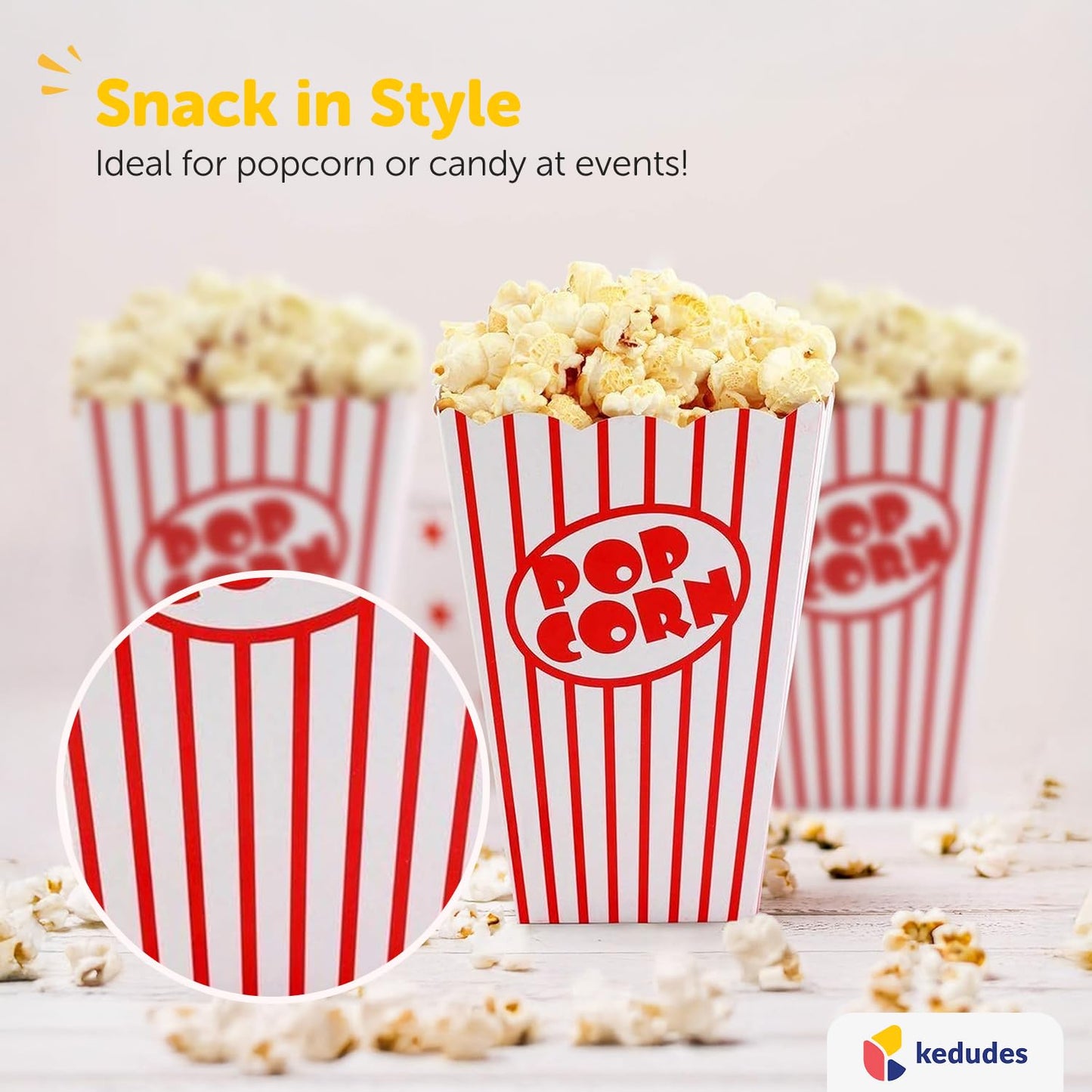 Kedudes 20-Pack Movie Night Popcorn Boxes for Party - 26oz Large Paper Snack Buckets - Movie Theme Party Decorations, Event Favors, Container, Carnival and Cinema Night Supplies - Red/White, 6"x2.75"