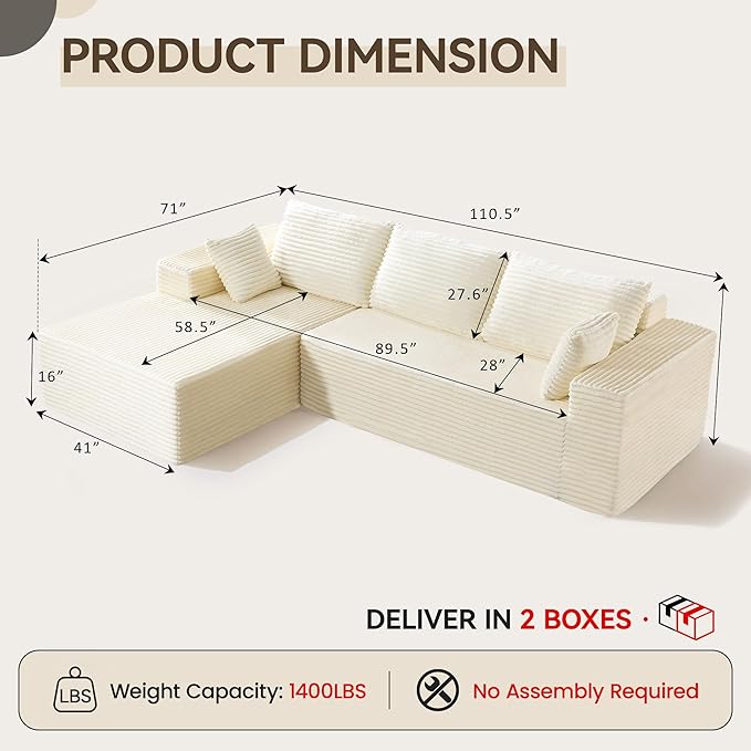 UMBFUN 110" Cloud Sectional Couch for Living Room, Boneless Couch with L-Shape Chaise, Modular Sectional Sofa with Deep Seat, Oversized Modular Sofa for Bedroom, No Assembly Required, Corduroy