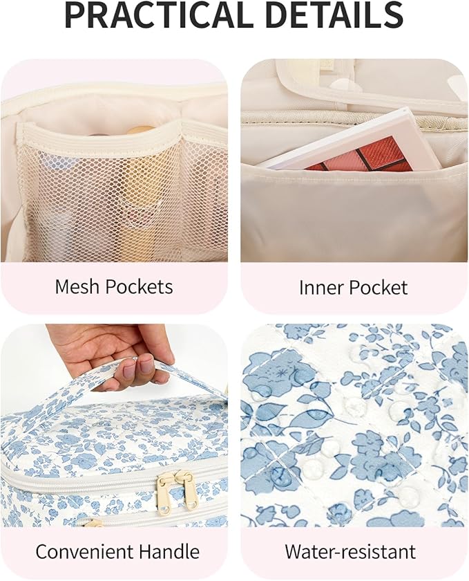 Wandering Nature Makeup Bag, Travel Make Up Organizer Cosmetic Brush Bags Case for Women in Quilted Fabric, Blue Flower, Patent Pending