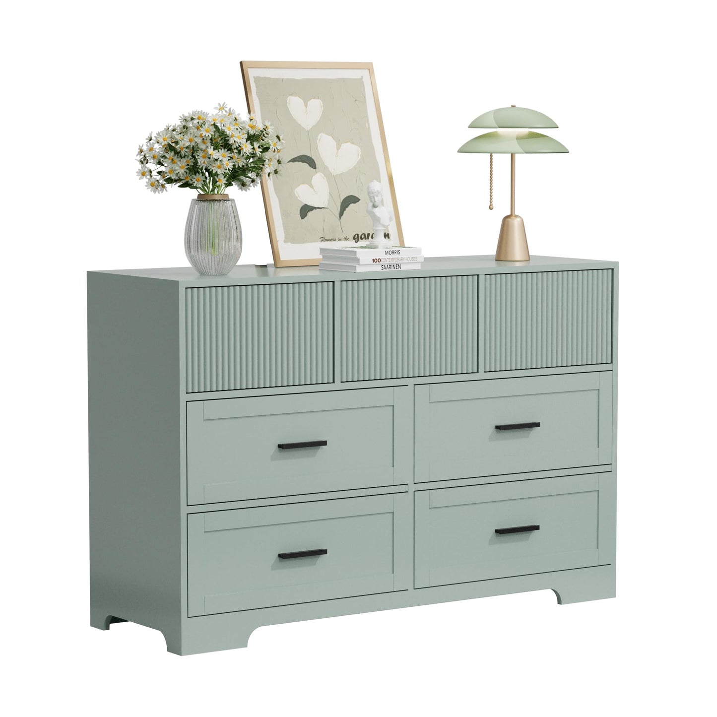 UEV Fluted Dresser for Bedroom with 7 Drawers, 47" Modern Chest of Drawers with Metal Handle, Wood TV Stand, Closet Storage Organizer for Living Room, Hallway, Green