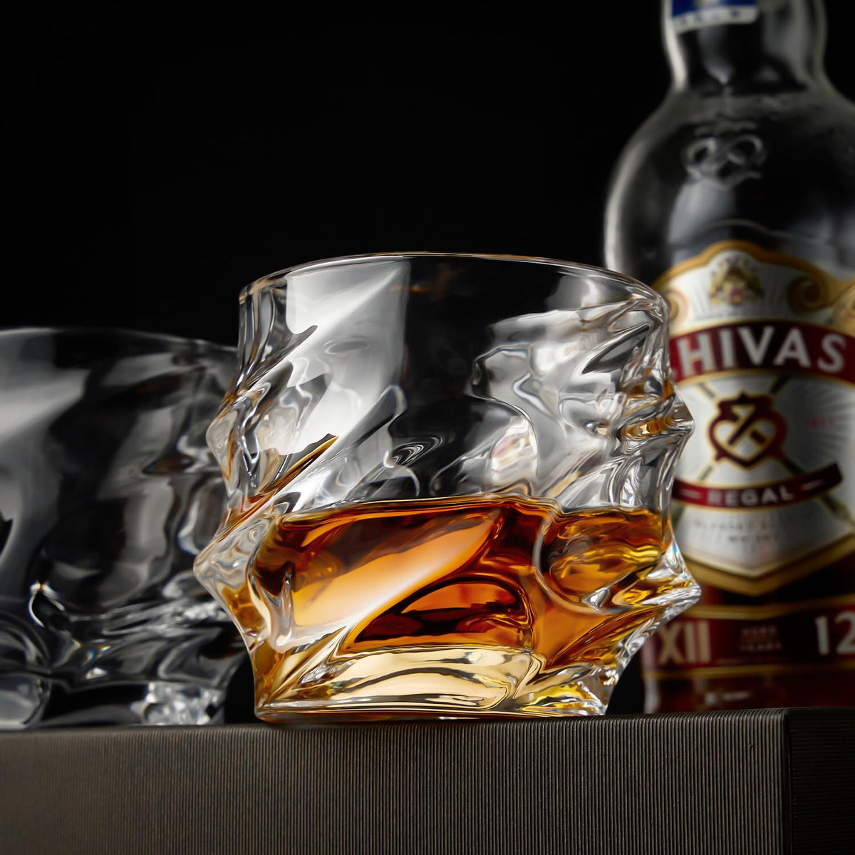 GLASKEY 12 oz Hand Blown Crystal Whiskey Glasses Set of 4, Unique Cognac Glass, Heavy Thick Bottom Bar Glass for Scotch Bourbon Rum Gin Water Cocktail,Gifts Men Gifts Ideas