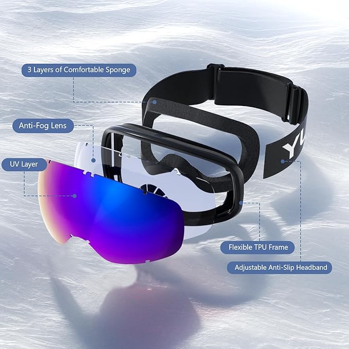 Ski Goggles for Men Women, OTG Snow Goggles, UV Protection Snowboard Goggles for Adult & Youth, Snowmobile, Sledding