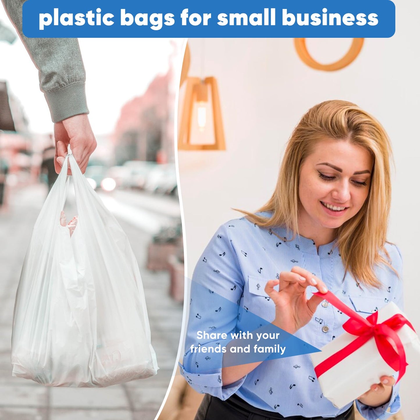 SideriLumi Plastic Bags, (11.5”x 6.5" x 21”)(200Pack) White Plastic Shopping Bags with Handles for Small Business Grocery T Shirt Bag Reusable and Disposable, in Bulk