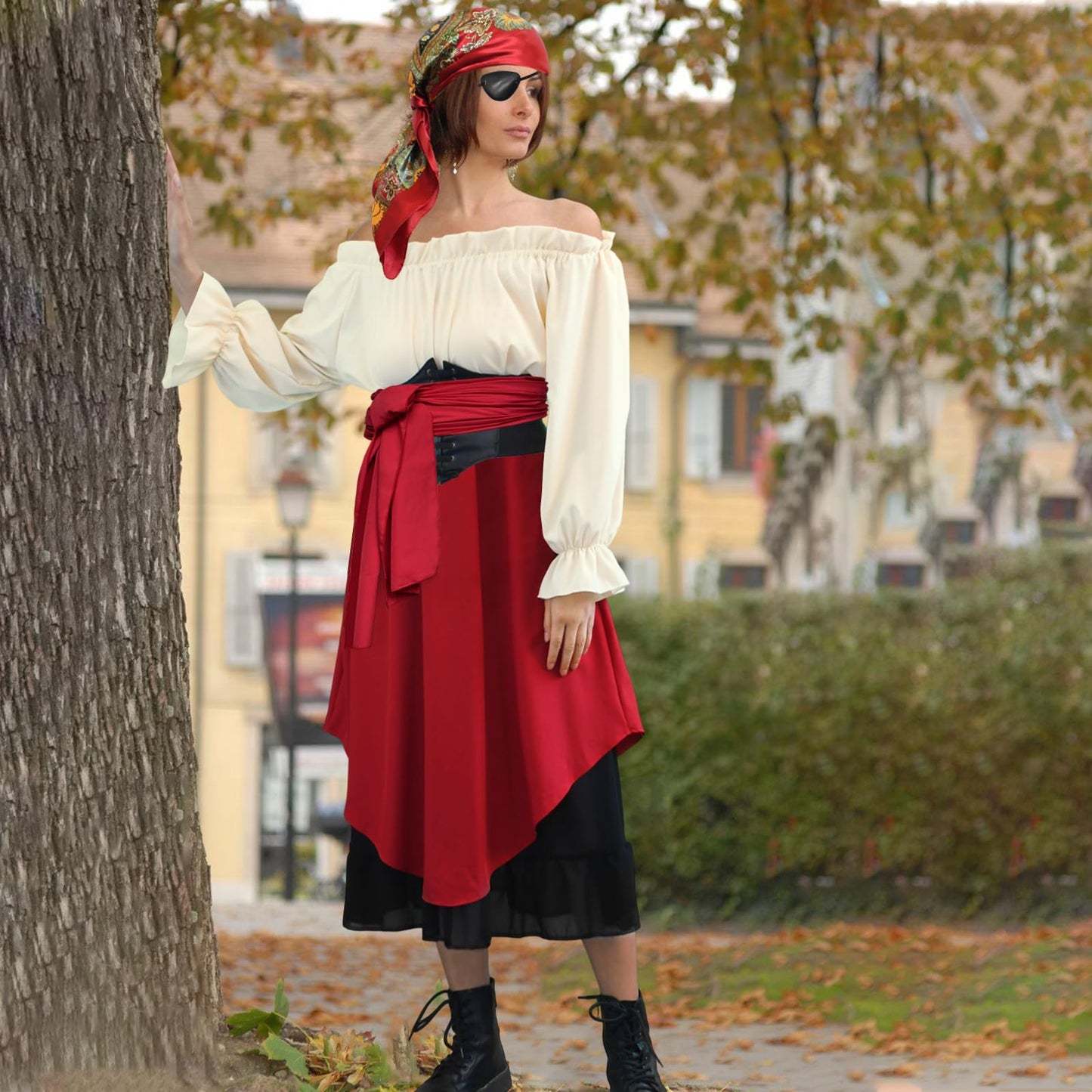 Prebene 7 Pcs Halloween Womens Pirate Costume Renaissance Pirate Blouse Tops Skirt Medieval Corset Belt Headscarf Eye Patch Outfit (Beige + Red, XXL)