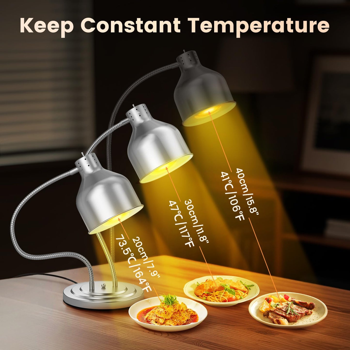 BOEASTER Food Heat Lamp, 500W Dual-Head Stainless Steel Commercial Food Warmer Lamp with 540° Rotation & 3Pcs Bulbs, Portable Warming Light for Restaurant Kitchen Buffet Counter Party Catering