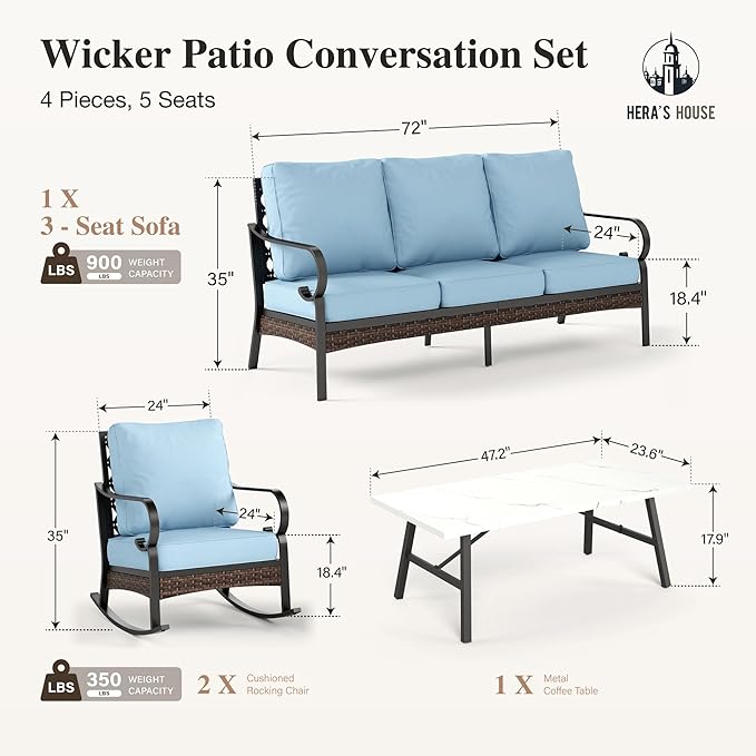 HERA'S HOUSE 4 Piece Metal Patio Furniture Set, All Weather Outdoor Conversation Set with 3 Seat Sofa, 2 Rocking Chairs & Coffee Table, Seats 5 for Backyard, Garden, Deck, Blue