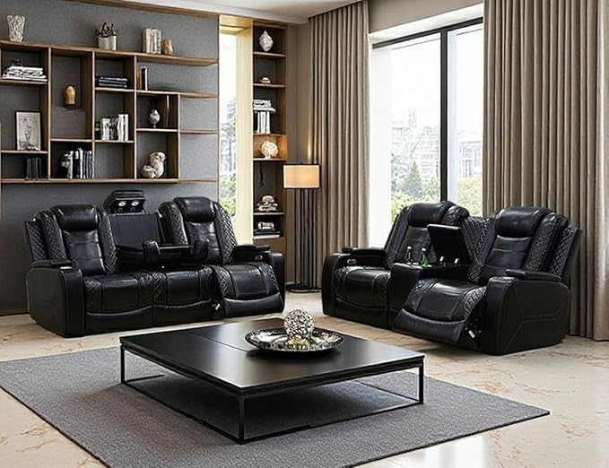 Toseslo Power Recliner Sofa and Loveseat Set, Black Leather Reclining Sofa Sectional Couches with Drop-Down Table, Living Room Furniture, Reclining Sofa with Cup Holders/Storage Console for House