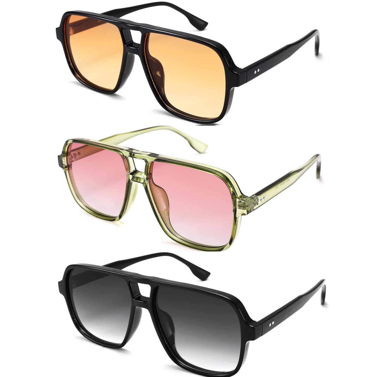 GLARDEFE Oversized Aviator Sunglasses for Women Men - Retro 70s Square Shades Sun Glasses(Black/Gradient Orange + Green/Gradient Orange + Black/Gradient Grey)