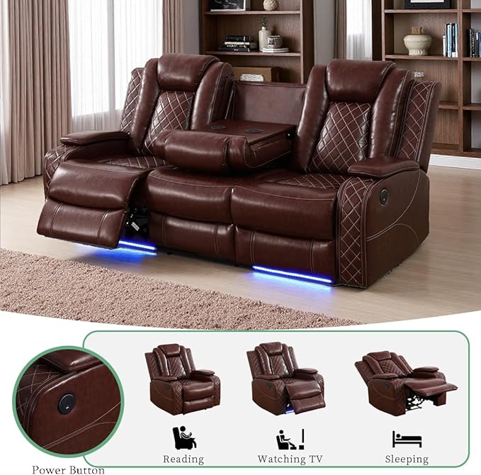 Dekmxas Living Room Furniture Sets, Brown Leather Secitonal Power Recliner Sofa,Power Reclining Sofa Set with 2 Recliner Seats/LED Light/Cup Holder/Storage Console for Living Room/Apartment/Office/RV