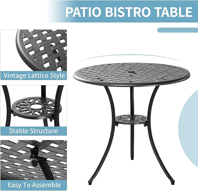 Withniture 3 Piece Bistro Table Set Anti-Rust Outdoor Bistro Set Cast Alumiunm Patio Table and Chairs Set for 2, Patio Bistro Set Furniture Black