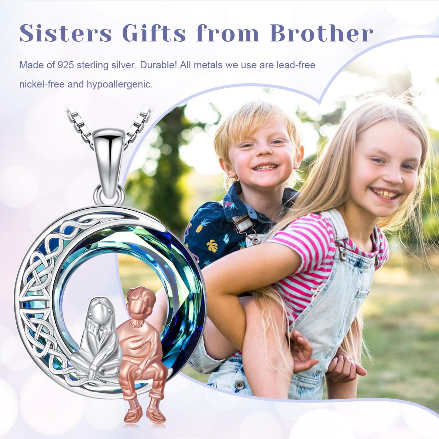 JUSTKIDSTOY Sisters Gifts from Brother Sterling Silver Brother and Sister Necklace Crystal Pendant Jewelry Sister Gifts for Birthday Graduation