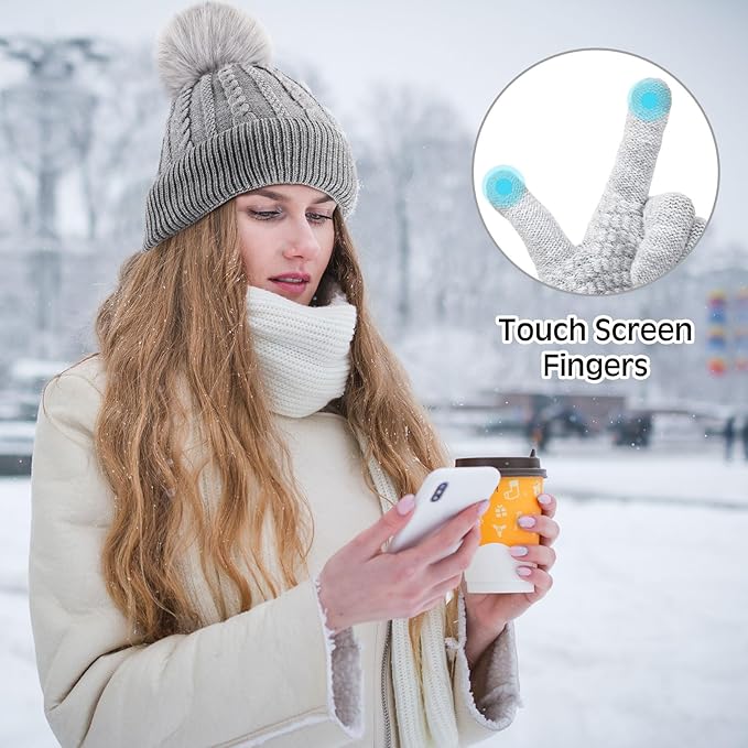 SATINIOR 5 Pcs Winter Hat Scarf Gloves Set Fleece Lined Knit Beanie Hat Warm Touch Screen Gloves Earmuff Warmer for Women(Grey,Beauty Style)