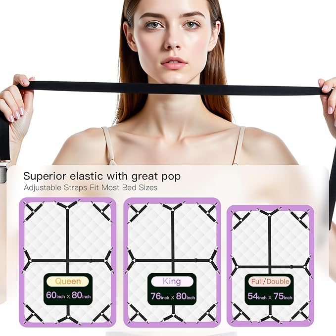 EasYoung 12PCS Bed Sheet Straps, Secure & Adjustable Fitted Sheet Holders for Full, Queen, King & More, Heavy Duty Nylon & Metal Clips