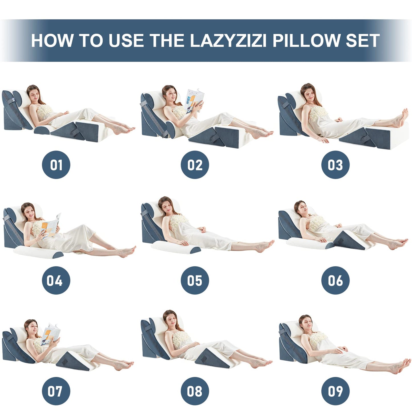 Lazyzizi 6pcs Orthopedic Bed Wedge Pillow Set, Memory Foam Wedge Pillow for Sleeping, Knee, Lumbar and Back Pain Relief Adjustable Bed Pillow - Acid Reflux, Anti Snoring & GERD Sleeping, Grey