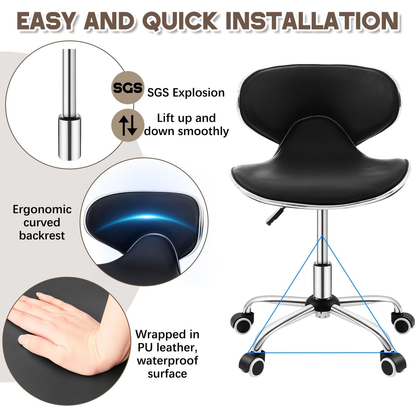 Geelin Pedicure Chair for Nail Tech, Ergonomic Back Support Rolling Stool, Adjustable Hydraulic Salon Spa Stool with Wheels, Swivel PU Leather Nail Tech Chair for Pedicure Tattoo Massage (Black)