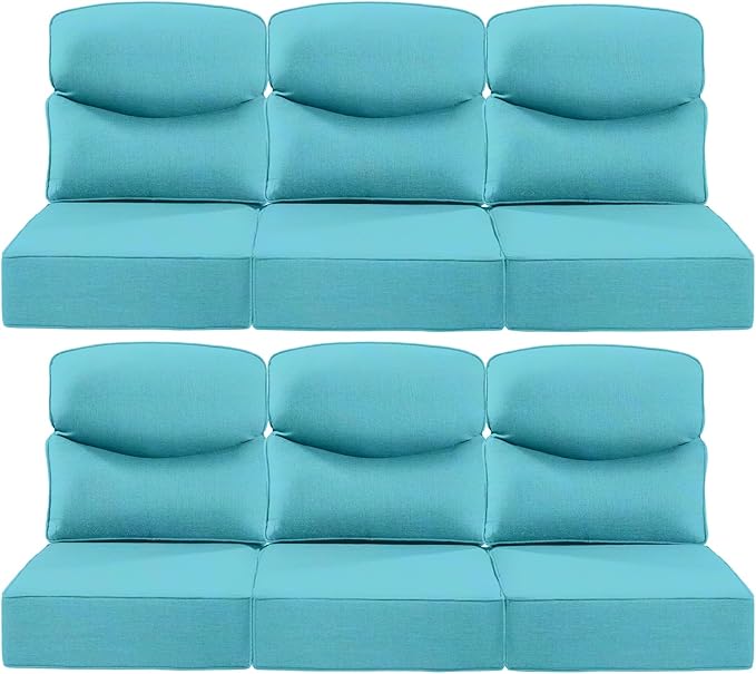 ACTREST Luxury 22x24/22x25 6-Inch Smile Patio Cushions for Outdoor Furniture Set of 6 - Thick Back & Deep Seat Outside Chair Cushions for Rattan Glider Loveseat Sectional Sofa - Turquoise