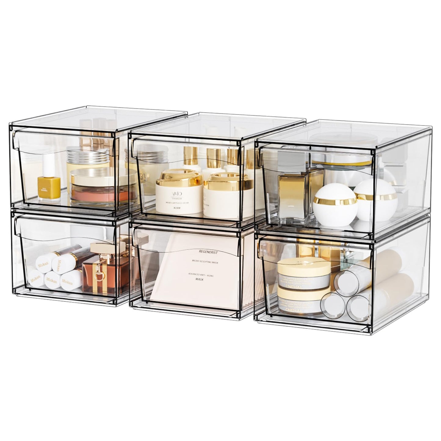 6 Pack Clear Stackable Storage Drawers,12 W Large Bathroom Makeup Organizer and Pen,Sunglass,Medicine,Baby Bottle Organizer,Plas