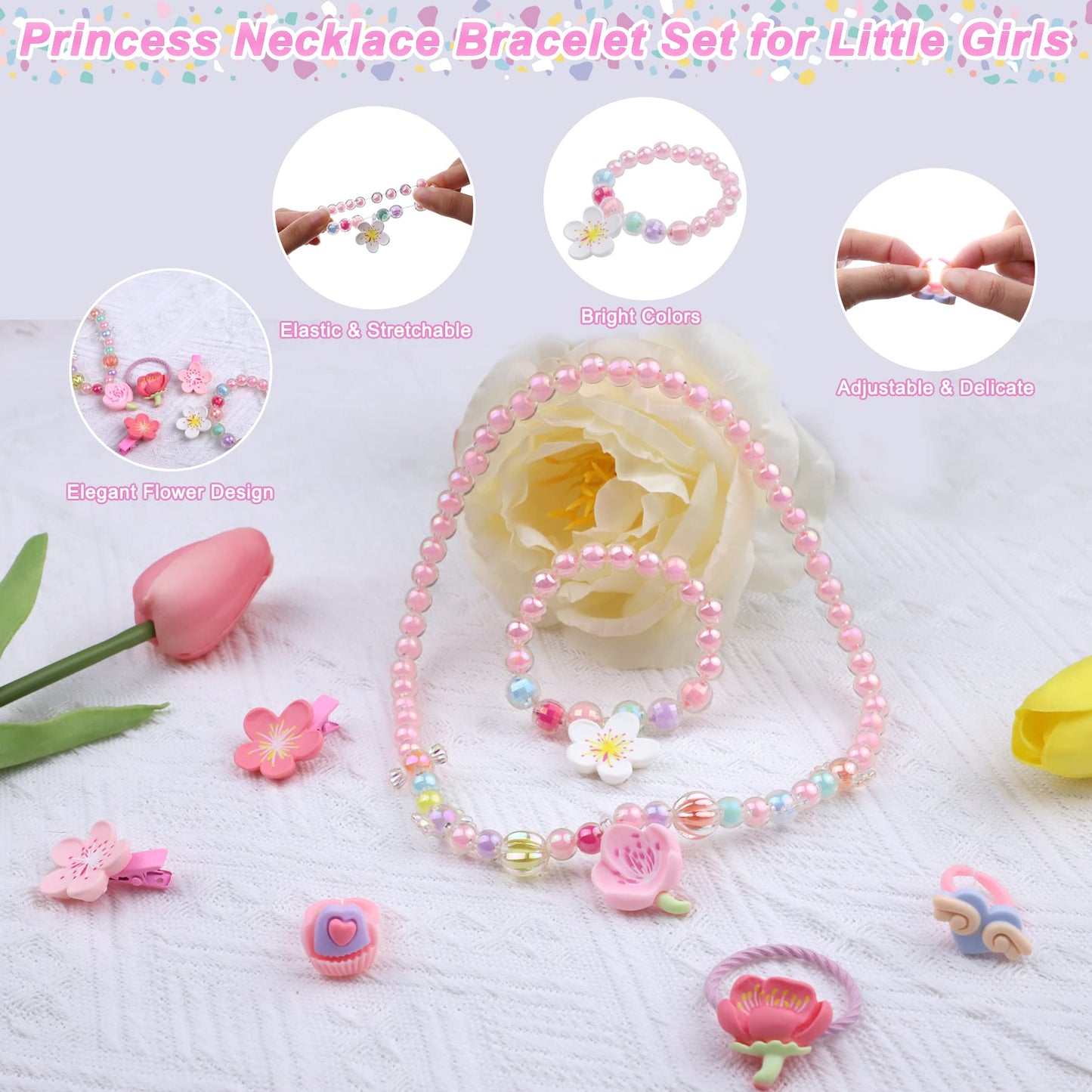 Tea Party Set for Little Girls,PRE-WORLD Princess Tea Time Toy with Food Sweet Treats Playsets,Dress Up Accessories Cloak Necklace Bracelet Jewelry Set, Kids Kitchen Pretend Play for Girls Age 3-6