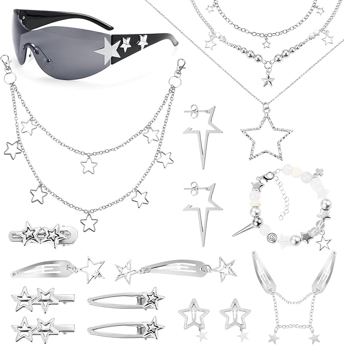 IHFAIO Y2k Accessories, 17 Pcs Y2K Set, Y2K Sunglasses, Star Necklace, Earrings, Pant Chain, Hair Clips, Bracelet, Y2K Acc...