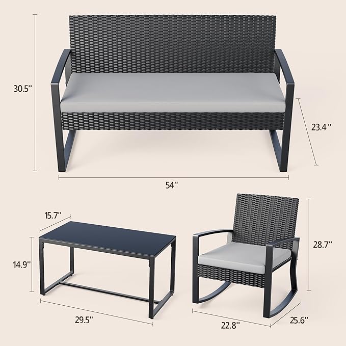 Ahomly 4 Piece Outdoor Patio Furniture Set, Wicker Patio Furniture with Glass Coffee Table, Rocking Wicker Bistro Set, for Backyard, Poolside, Porch (Grey)