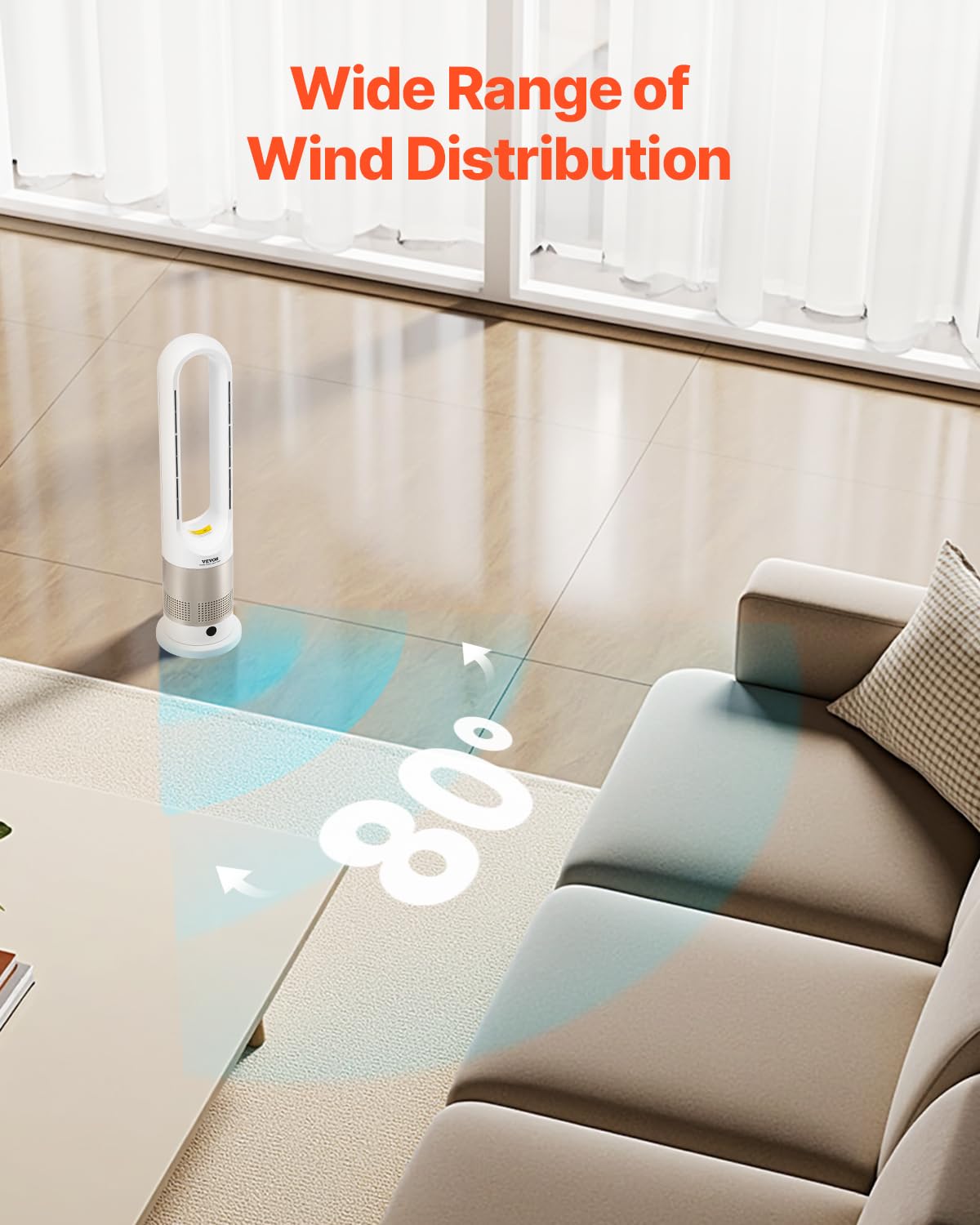 Vevor Tower Fan Bladeless, 16 Ft/S Velocity Quiet Floor Fan That Blows Cold & Heating Air, 80 Oscillating Fans With 8 Speeds, 9H