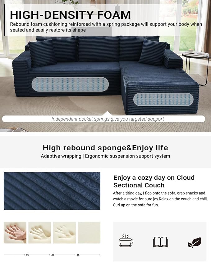 Vanress Cloud Couch Sectional, Corduroy Boneless Couch with L-Shape Chaise, Modern Modular Sectional Sofa Comfy Deep Seat for Living Room, Bedroom, No Assembly (Blue, Right Facing Chaise)
