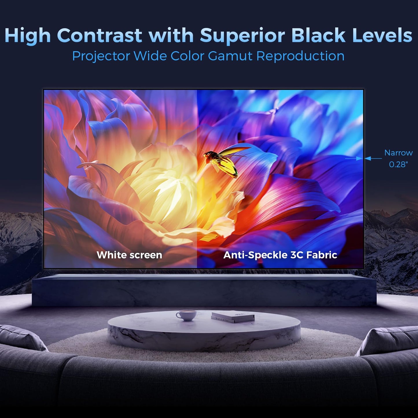 SCREENPRO Anti-Speckle Projection Fabric, 120 Inch Ultra-Narrow Bezel with Seamless 3C Fabric, for RGB Laser, UST, Dimly Light Home Theaters, Long Throw Triple Laser 4K/8K Resolution Projectors