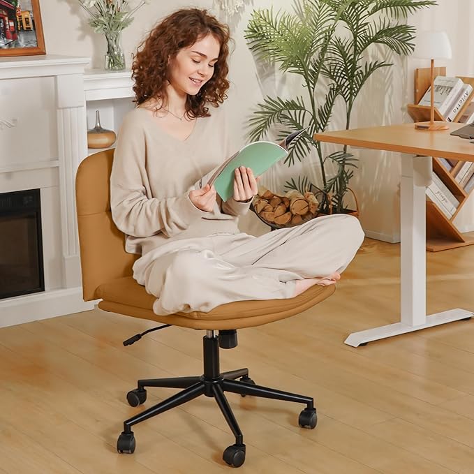 FLEXISPOT Cross Legged Office Chair Armless Desk Chairs Comfy Wide Seat Criss Cross Chair with Wheels Vanity Chair for Living Room Bedroom Study Room(Brown)