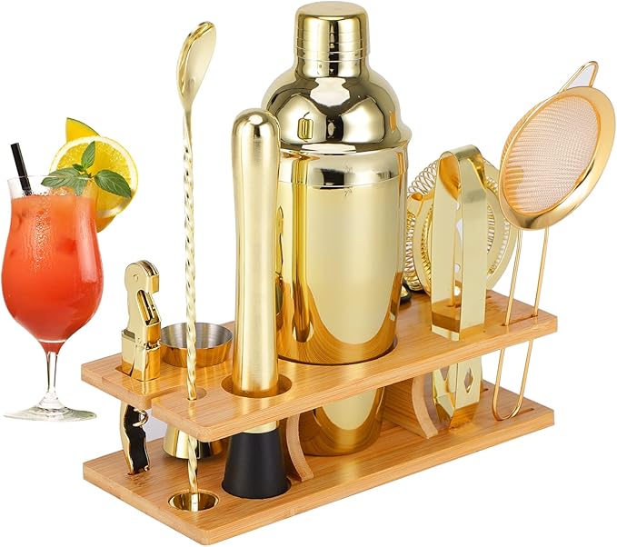 OBALY Bartender Kit 11-Piece Cocktail Shaker-Muddler for Cocktails 25oz Boston Shaker-Bar Accessories with Stylish Bamboo ...
