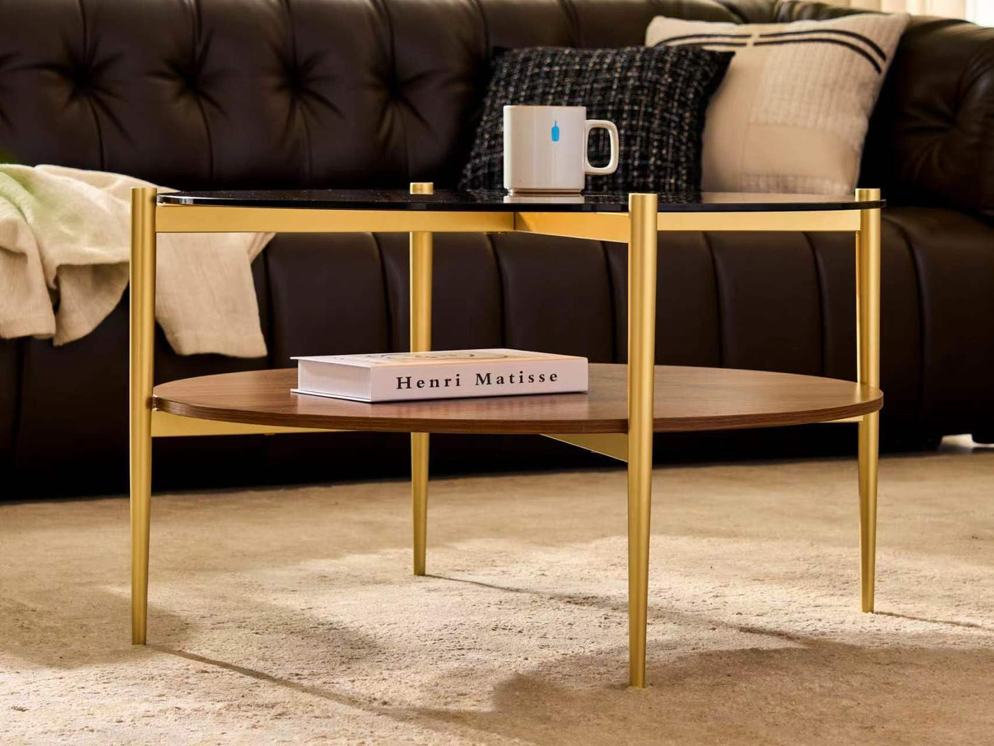 Shrine Round Glass Coffee Table, Mid-Century Modern Design, D30 x H17 in, 2-Tier Structure, Amber Glass Top and Walnut MDF Shelf, Sleek Conical Metal Legs with Gold Finish
