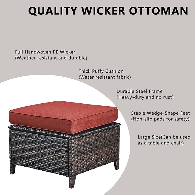 Rilyson Wicker Patio Furniture Sofa Set - 6 Piece Rattan Outdoor Patio Sectional Conversation Sets with 2 Sofa,2 Armrest Chairs and 2 Ottomans for Porch Deck Garden(Brown/Red)