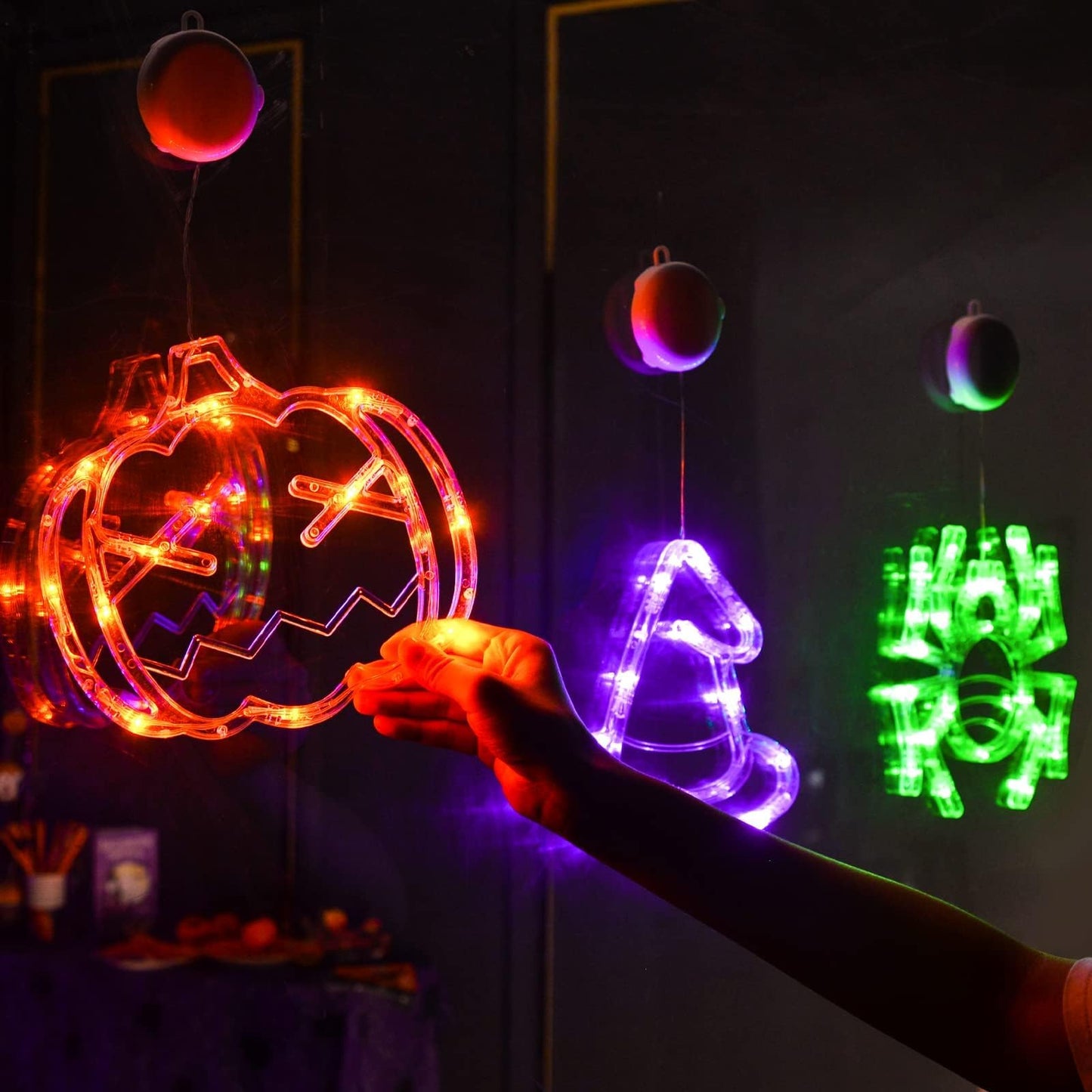 LOLStar Halloween Decorations 3 Pack Orange Pumpkin Green Spider Purple Witch Hat Window Lights with Suction Cup Battery Operated Slow Fade Timer Function Halloween Lights for Window Decor