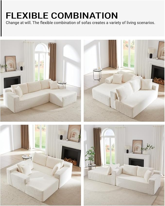 Vanress Cloud Couch Sectional, Corduroy Boneless Couch with L-Shape Chaise, Modern Modular Sectional Sofa Comfy Deep Seat for Living Room, Bedroom, No Assembly (White, Left Facing Chaise)